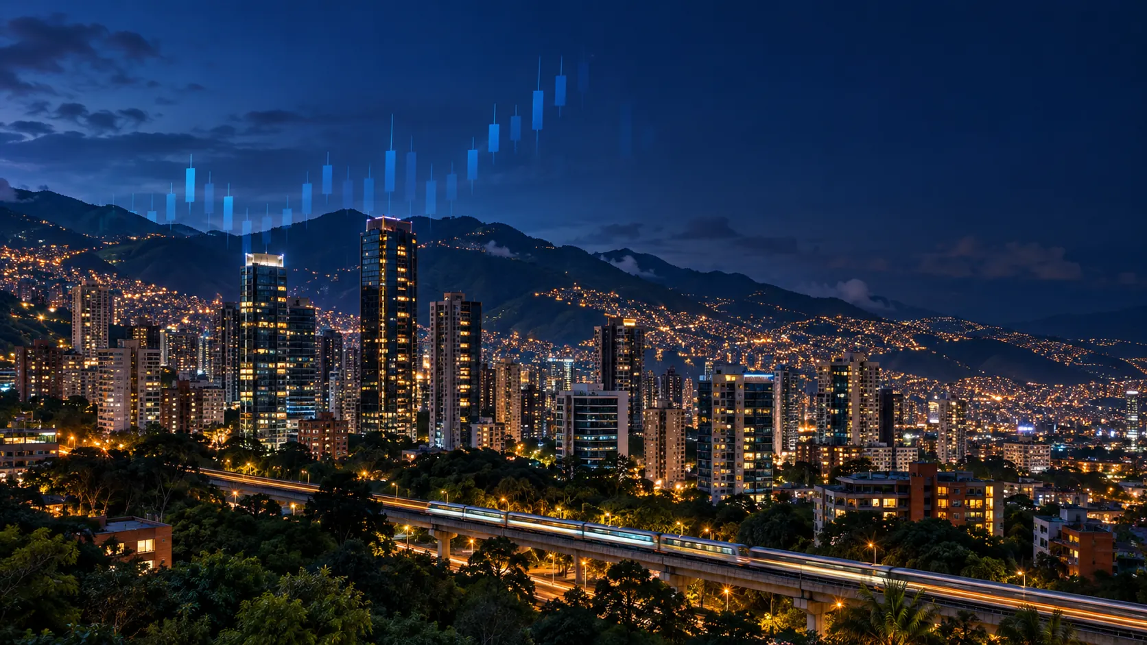 Medellín al atardecer, con las torres de El Poblado y las luces de la ciudad en las montañas